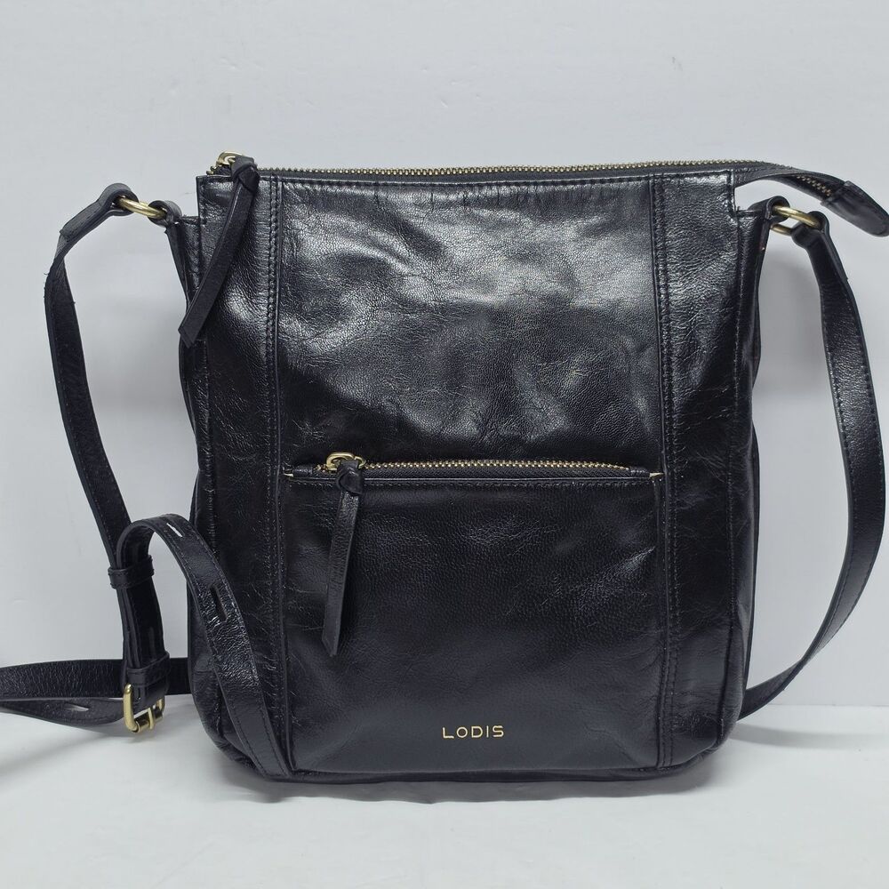LODIS Crossbody Bag Purse Black Genuine Leather Adjustable Strap